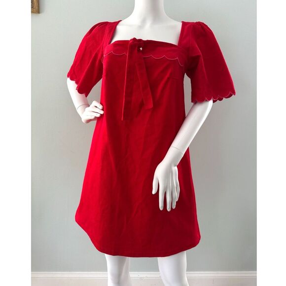 Smith & Quinn Red Corduroy Scallop Puff Sleeve Babydoll Mini Dress size Small - Picture 1 of 8